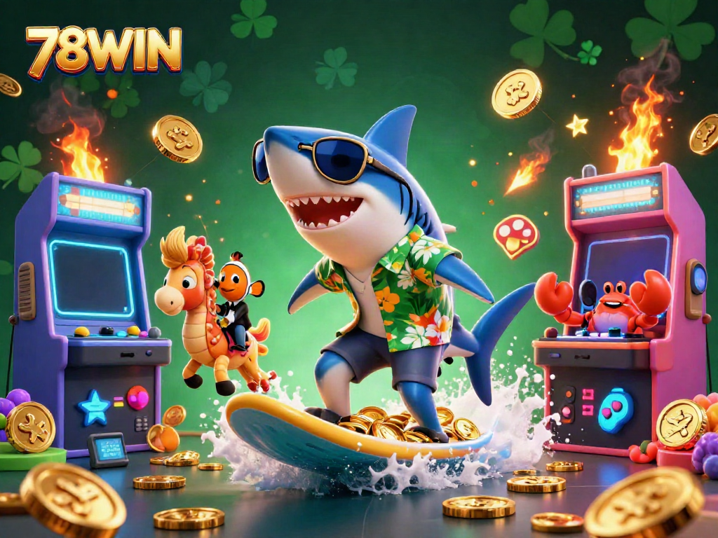 78WIN showcases an exciting scene of casino elements with a shark surfing gold coins alongside vibrant characters.