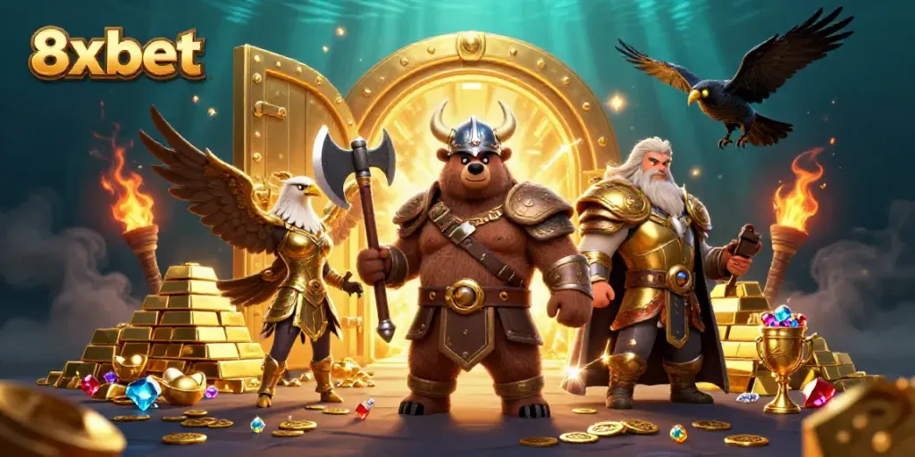 Experience the thrill of gaming at 8xbet, featuring a Viking bear and Valkyrie eagle in a treasure-filled scene.