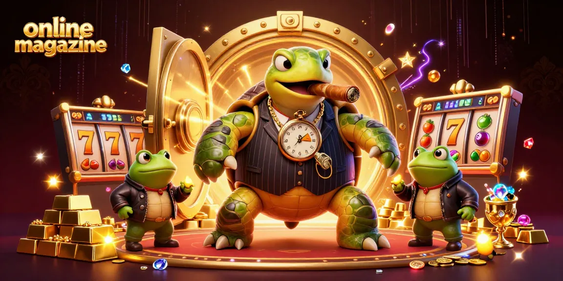 Experience the excitement of our online magazine featuring a lively casino scene with a cartoon turtle and bullfrog enforcers.