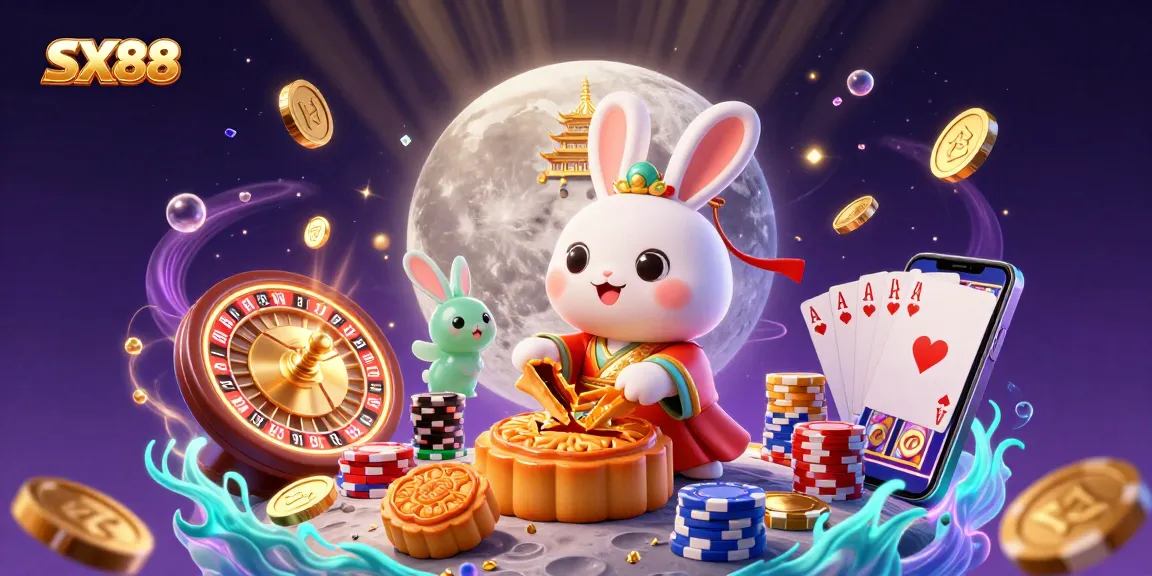 SX88 captures the excitement of gaming with a lively scene featuring a moon rabbit and casino elements.