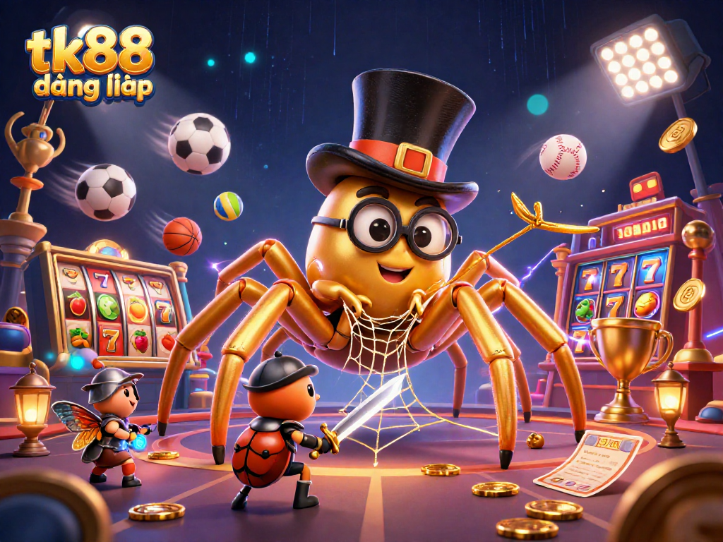 Engage in thrilling adventures with tk88 đăng nhập at the casino, featuring colorful slot reels and dynamic characters.