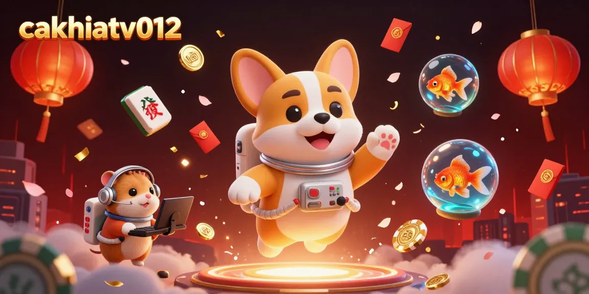 Visualize the exciting gaming atmosphere with cakhiatv012 in a vibrant space casino scene featuring a playful astronaut corgi.