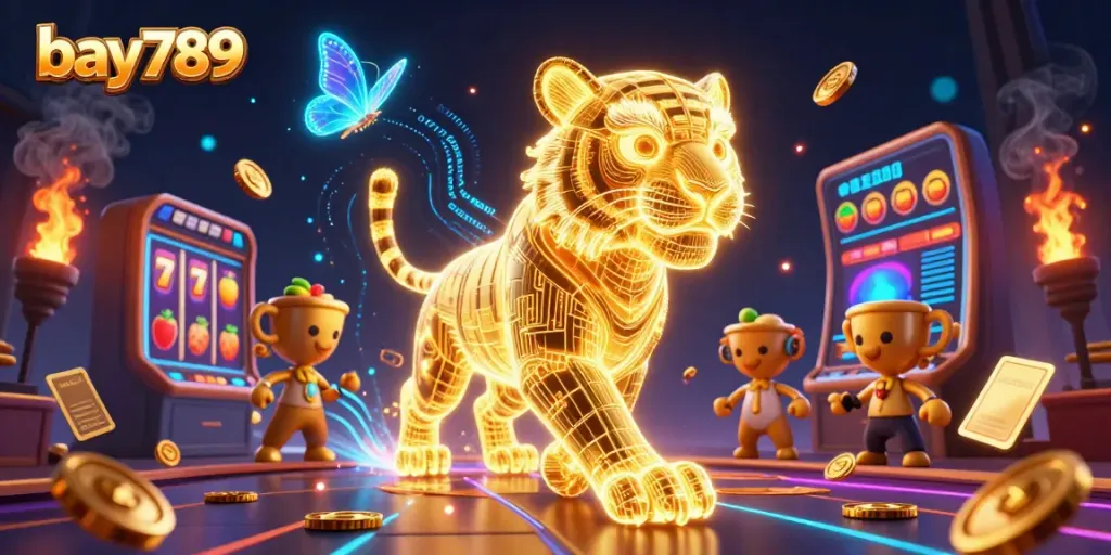 Experience the thrilling games at bay789 with our neon tiger mascot and dynamic casino elements.