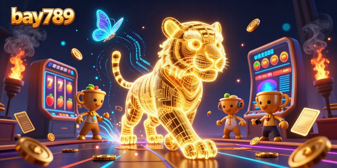 Experience the thrilling games at bay789 with our neon tiger mascot and dynamic casino elements.