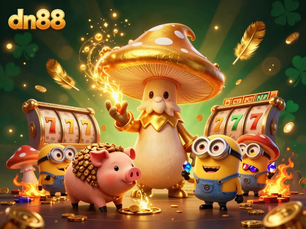 Bet on dn88 with the golden wizard and treasure sniffer in an exciting casino scene full of slot games.