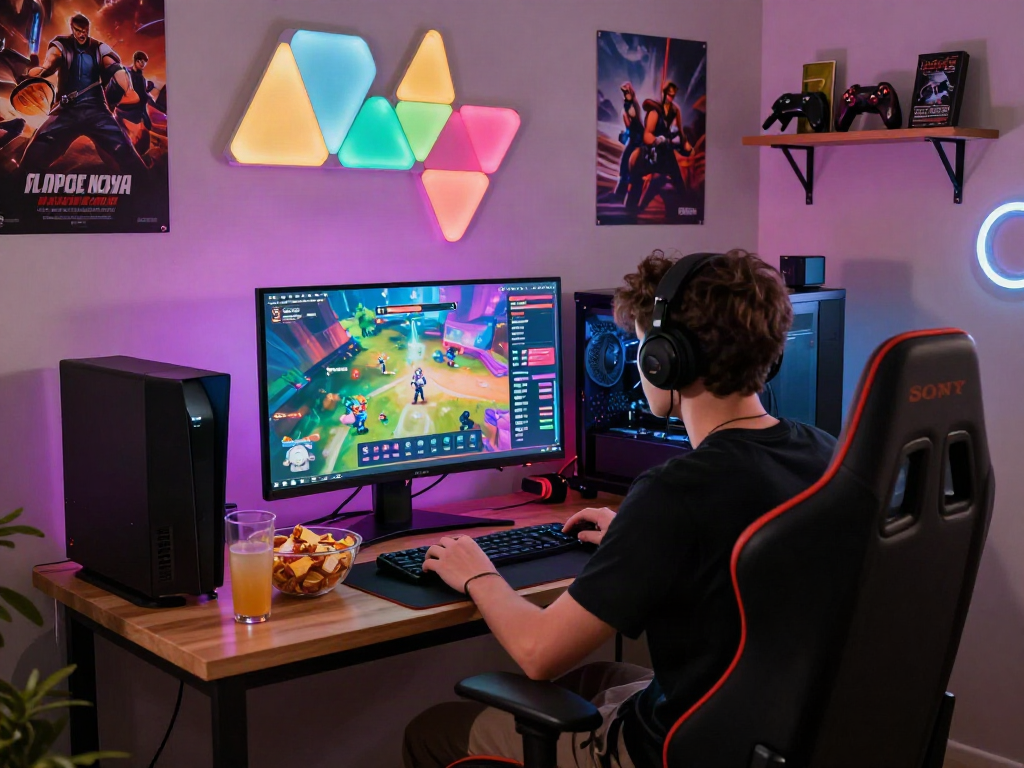 Engaged gamer focusing on porngame gameplay in a cozy setup with colorful LED lights.