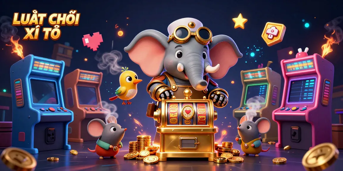 Engage with LUẬT CHƠI XÌ TỐ while witnessing a whimsical steampunk elephant in a colorful gambling scene.