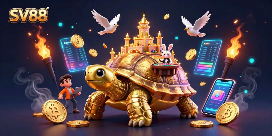 SV88's golden tortoise casino scene with a rabbit dealer and flying coins creating vibrant energy.
