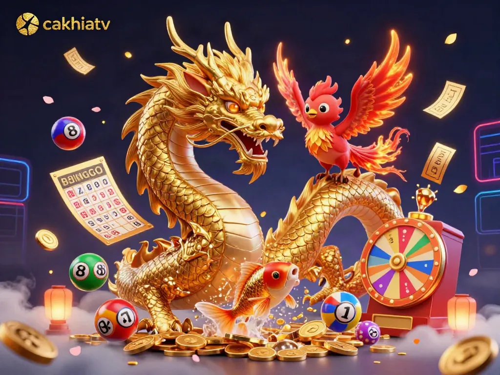 Experience the vibrant energy of Cakhiatv with soaring characters and dynamic gambling elements in a lively digital illustration.