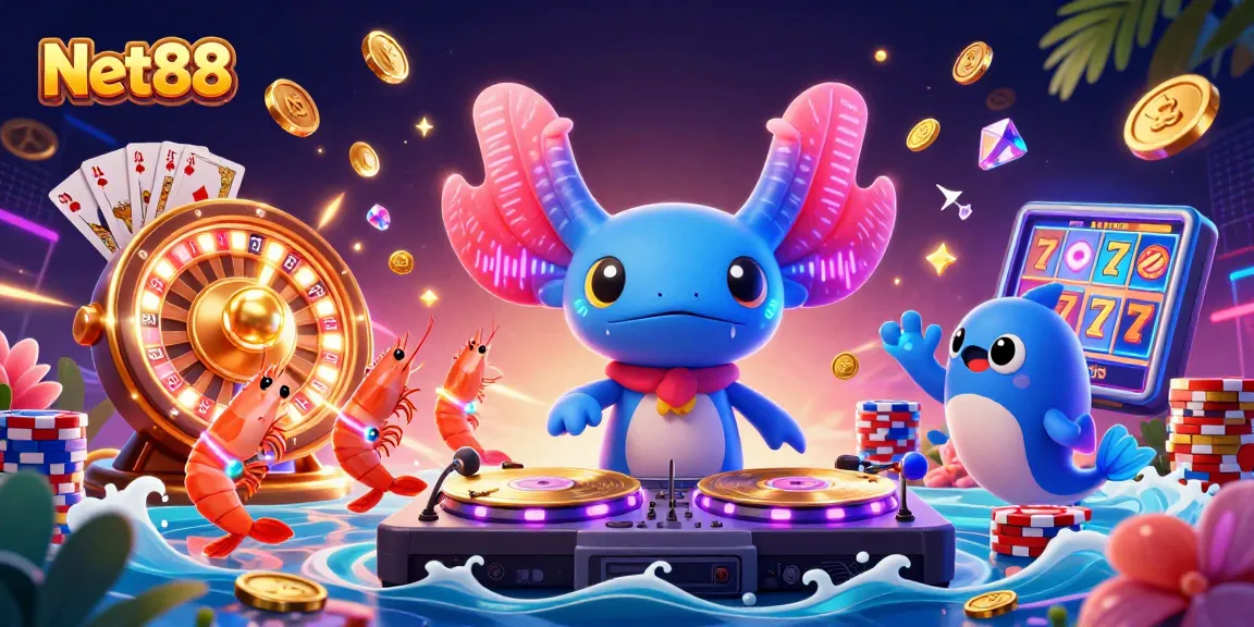 Experience an exciting Net88 casino scene with vibrant characters and dazzling game elements.