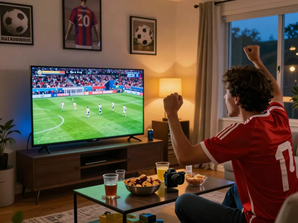 Exciting soccer game viewing experience with socolive in a cozy setting, snacks, and memorabilia.