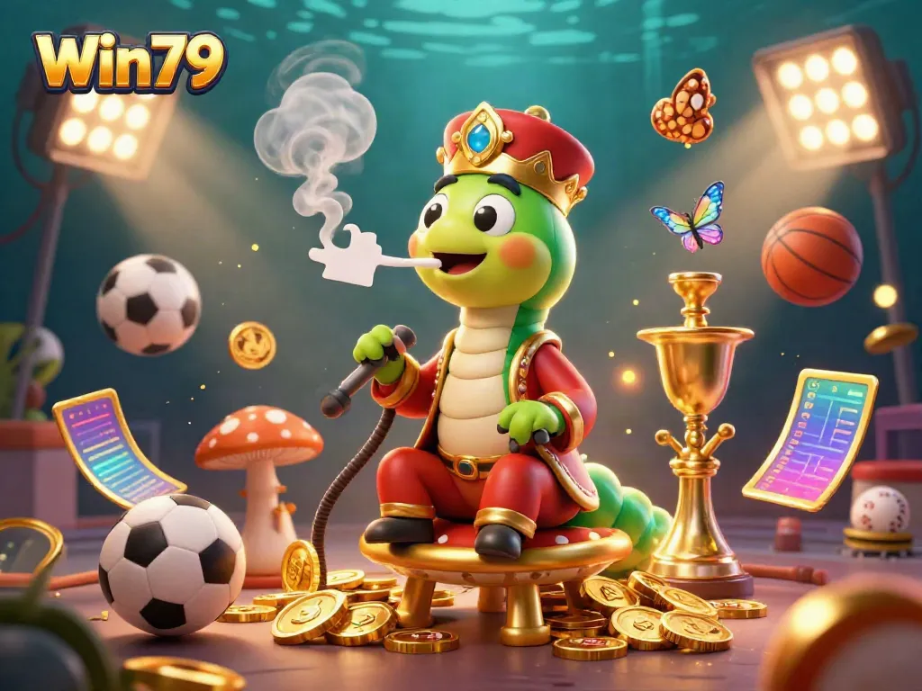 Experience thrilling gaming with Win79, featuring dynamic sports symbols, golden elements, and a vibrant atmosphere.