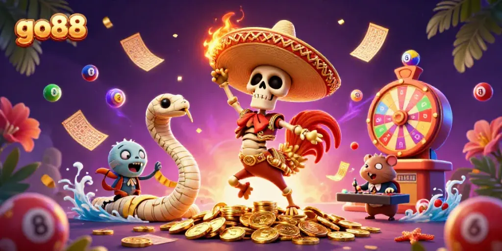 Experience the excitement of go88 with a dynamic 3D casino scene featuring vibrant symbols and characters.