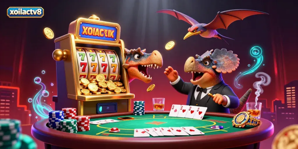 Experience the xoilactv8 excitement as a dinosaur causes jackpots amidst vibrant casino elements.