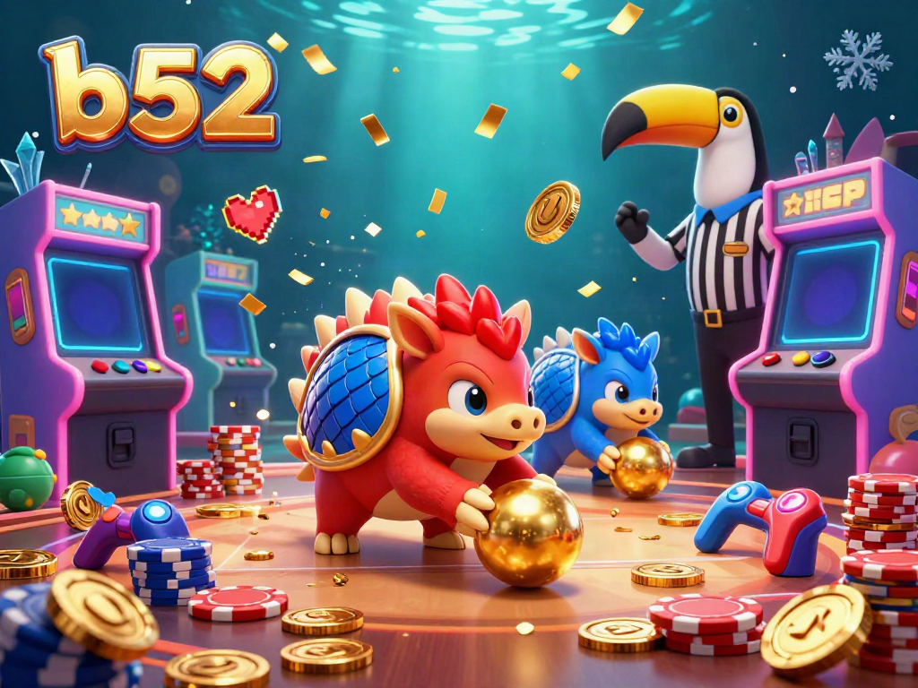 The b52 pangolin duo rolls golden balls, bowling through poker chips in a dynamic casino game scene.