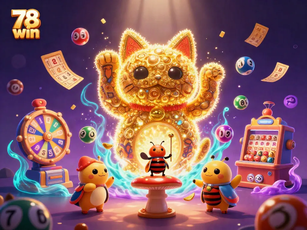 Experience the thrill of 78 win with a vibrant 3D illustration showcasing lucky symbols and dynamic gaming elements.