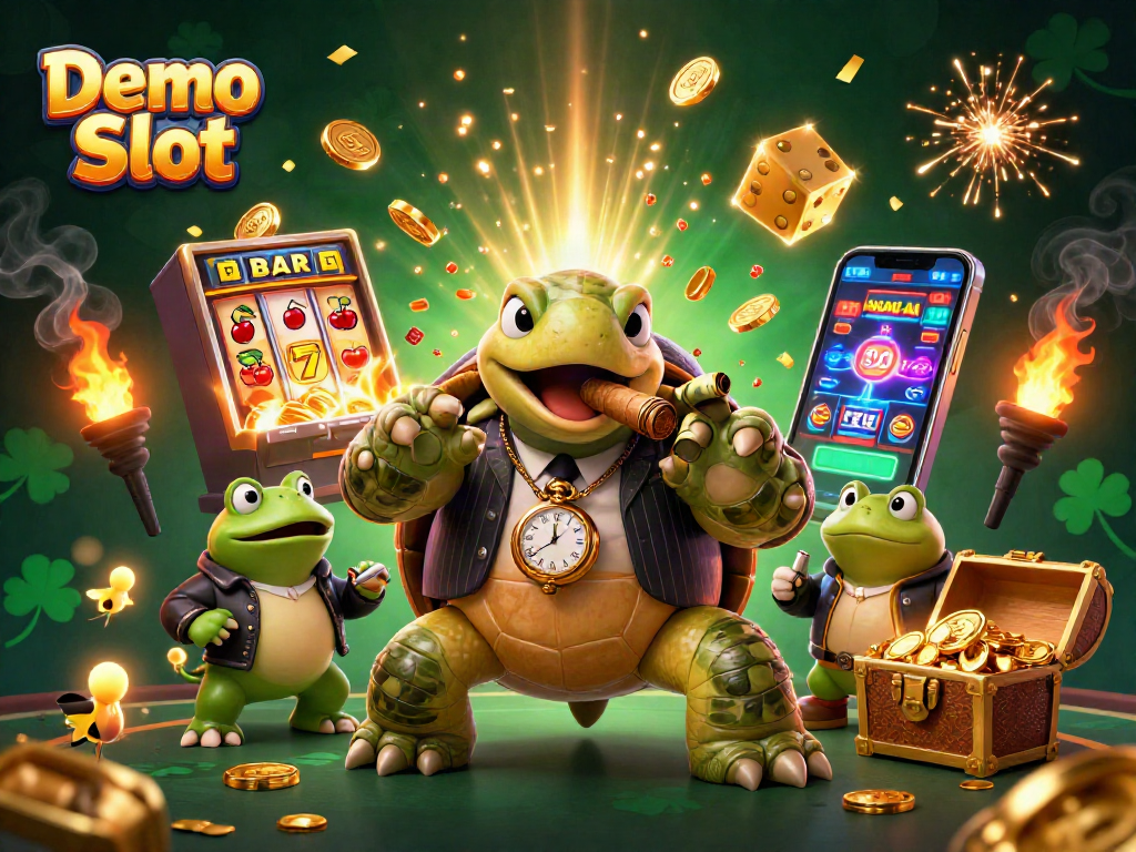 Play the exciting Demo Slot with a cartoon snapping turtle in a mobster suit and vibrant casino elements