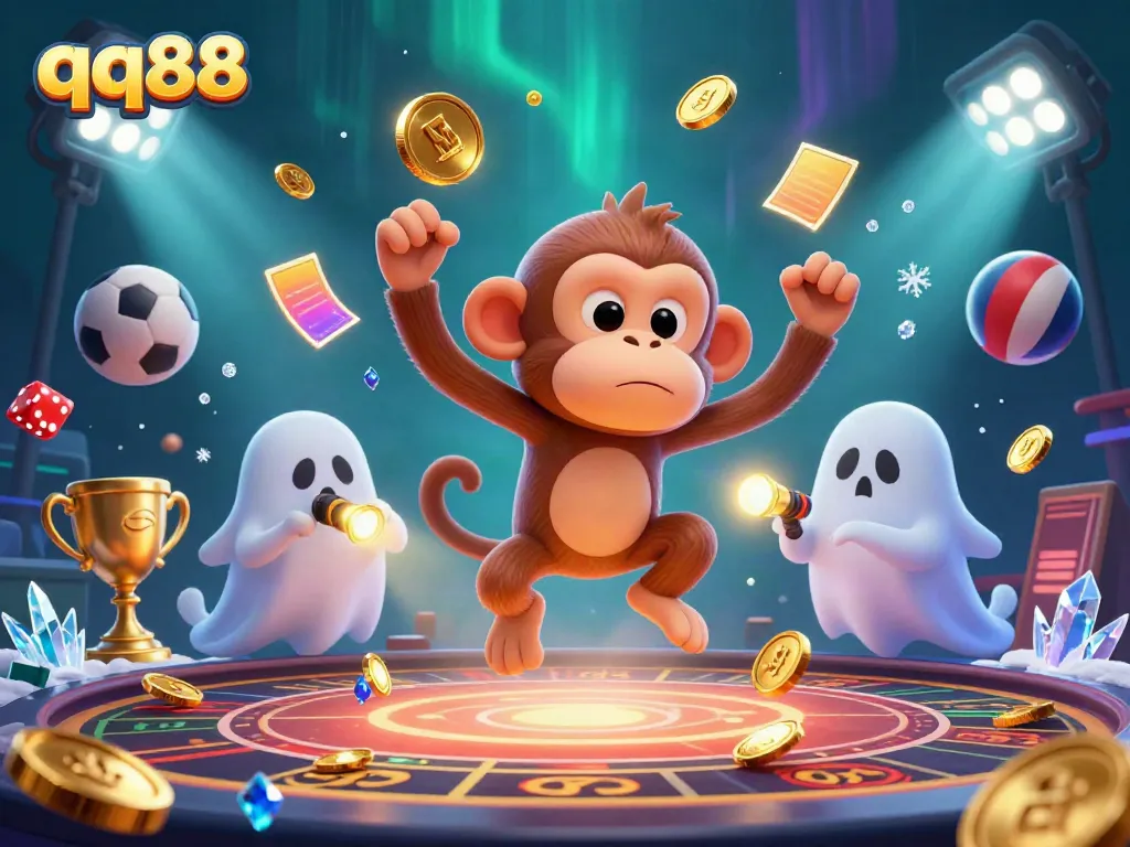 Experience the thrilling adventure at qq88, where a playful poltergeist monkey juggles golden casino treasures.