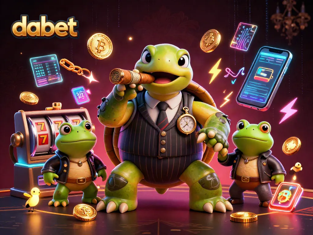 Dabet engages players with dynamic slot reels and vibrant cryptocurrency elements on a bustling casino floor.