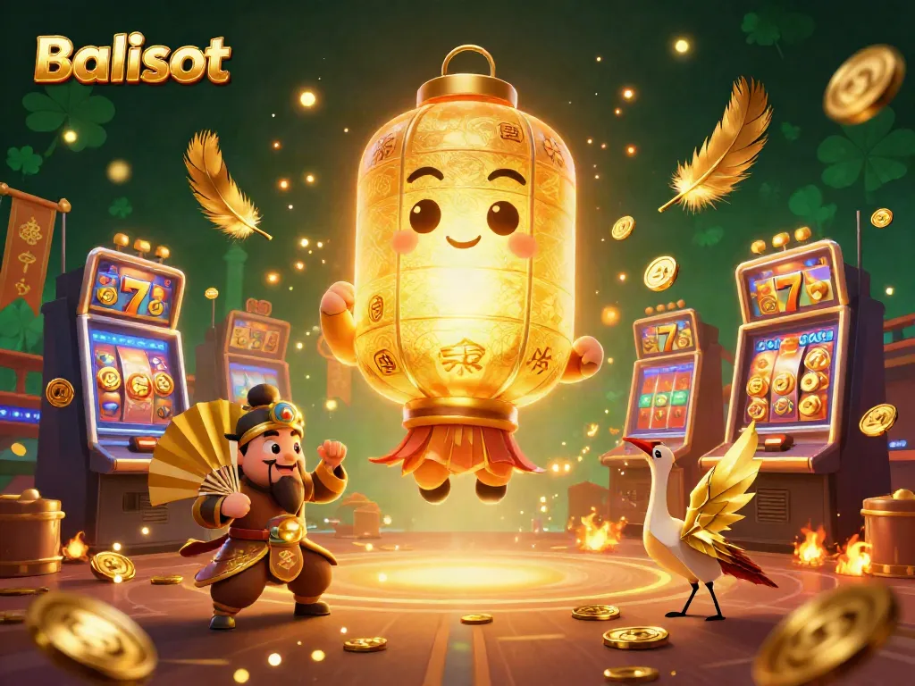 Balislot casino scene showcasing a golden lantern spirit, warriors, slot machines, and gold coins.