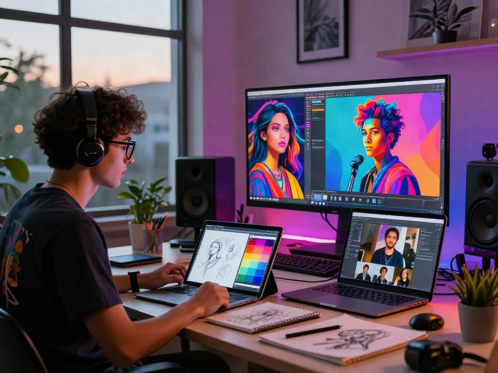 Engaging artist creating nsfw ai digital artworks in a vibrant studio