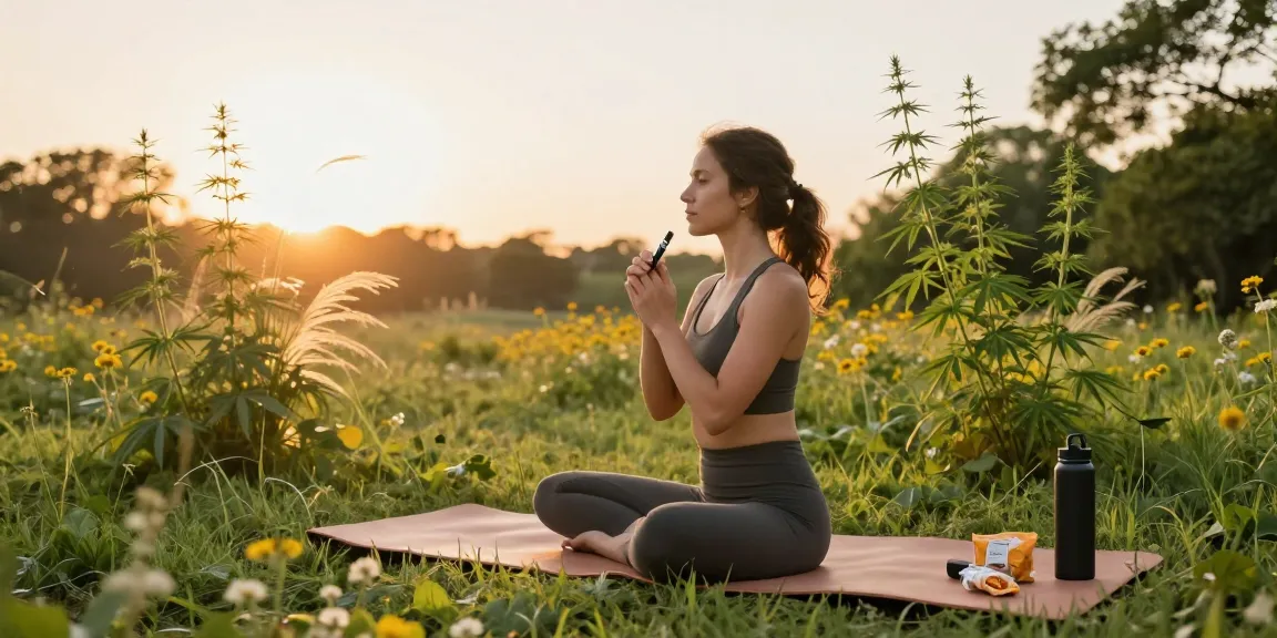 Strong THC vapes UK are featured in an outdoor wellness scene with yoga, showcasing natural hemp wellness.