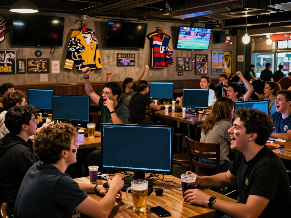Thapcamtv fans enjoying a live football match in a vibrant sports bar.