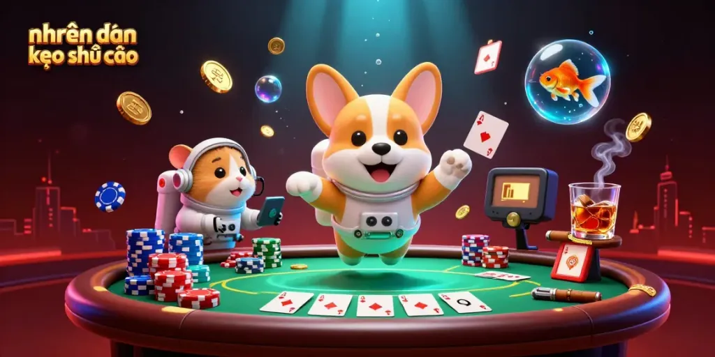 Experience nhận định kèo nhà cái with a playful 3D space casino scene where a corgi and hamster guide the action.