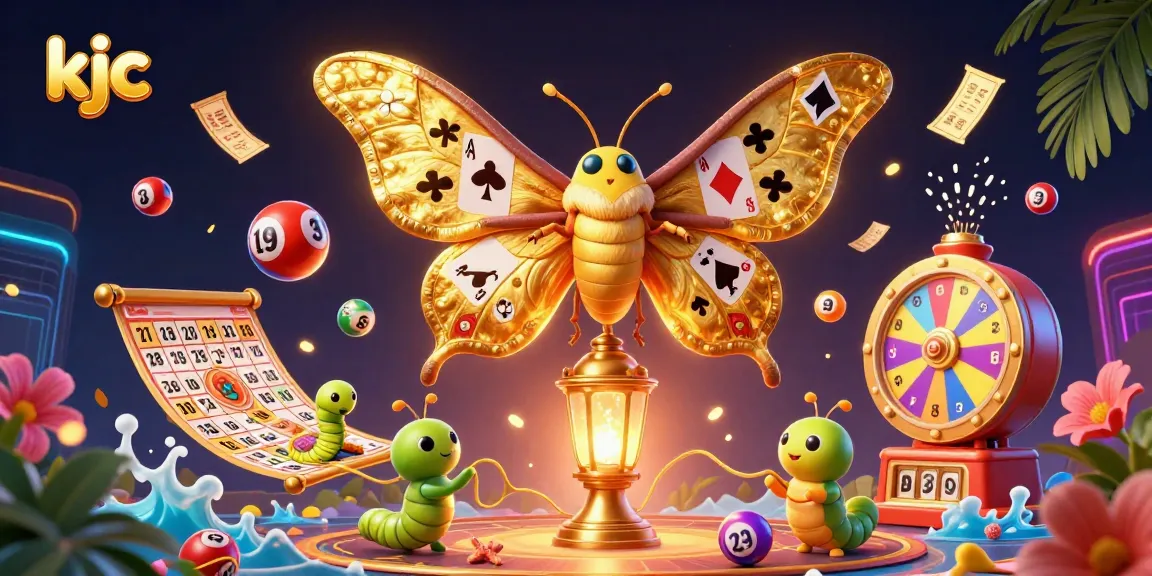 Engage with kjc's vibrant casino world as the moth elegantly showcases playing cards amidst festive elements.