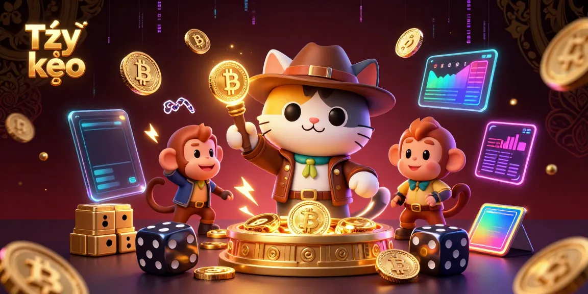 Engage with Tỷ lệ kèo through a dynamic scene of cartoon characters exploring casino treasures.