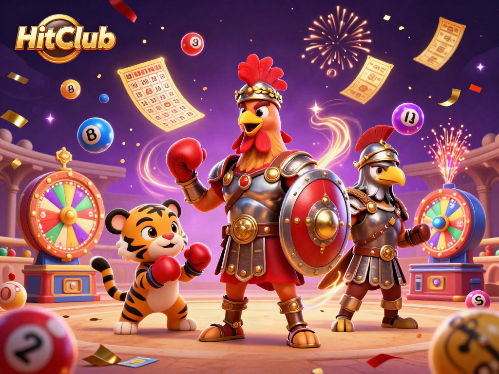 Engage in thrilling gaming action at HitClub with dynamic 3D illustration of gladiator rooster and casino fun.