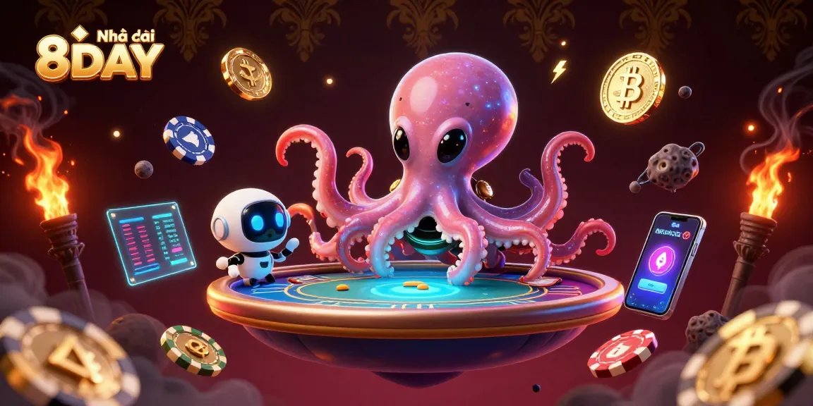 Experience thrilling gameplay at Nhà cái 8DAY with an exciting alien-themed casino illustration showcasing poker elements.