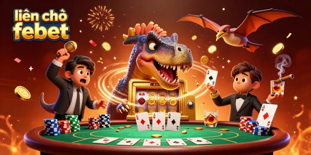 Catch the jackpot with golden coins at Febet's casino illustrated with fun cartoon dinosaurs.