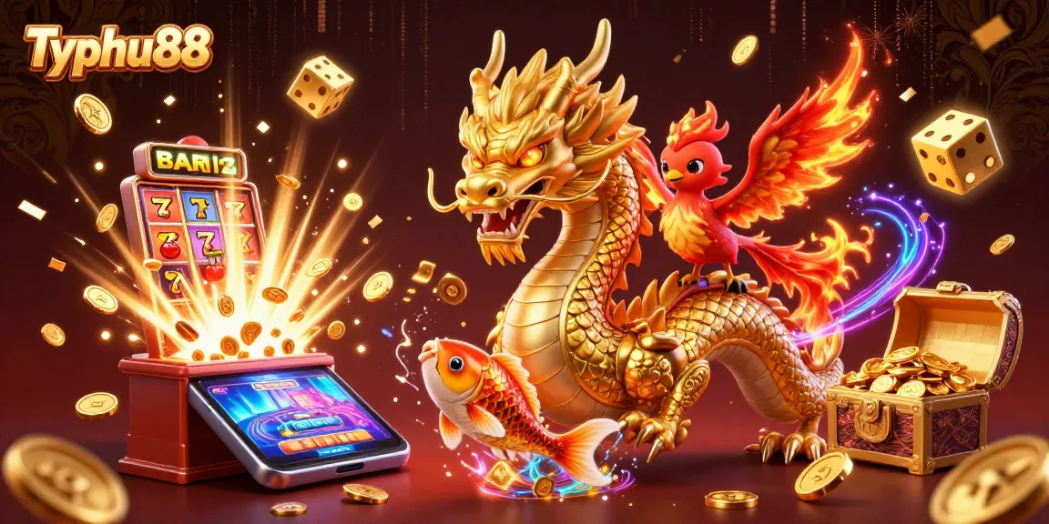 Experience Typhu88's thrilling online gaming with a vibrant and dynamic casino scene filled with dragons, dragons, and gold coins.
