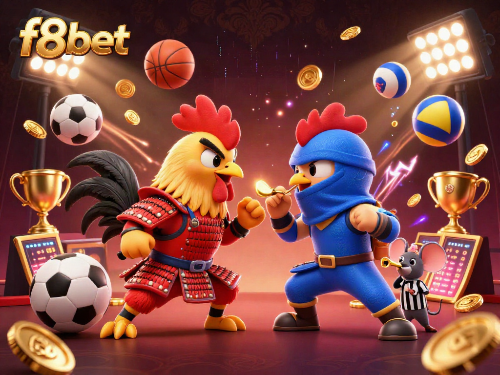 Experience thrilling f8bet action with samurai and ninja roosters clashing in a vibrant casino scene.