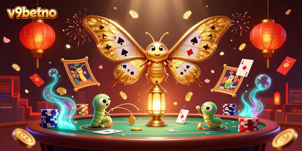 Experience the excitement of v9betno with vibrant casino elements and a stunning golden atlas moth design.