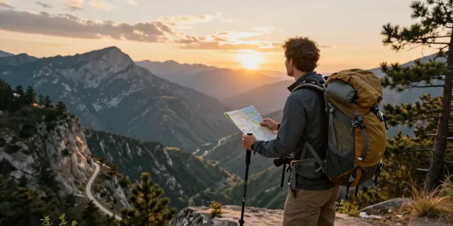 Traveler at mountain viewpoint during golden hour, embodying the spirit of adventure with rokok88 gear and scenic backdrop.