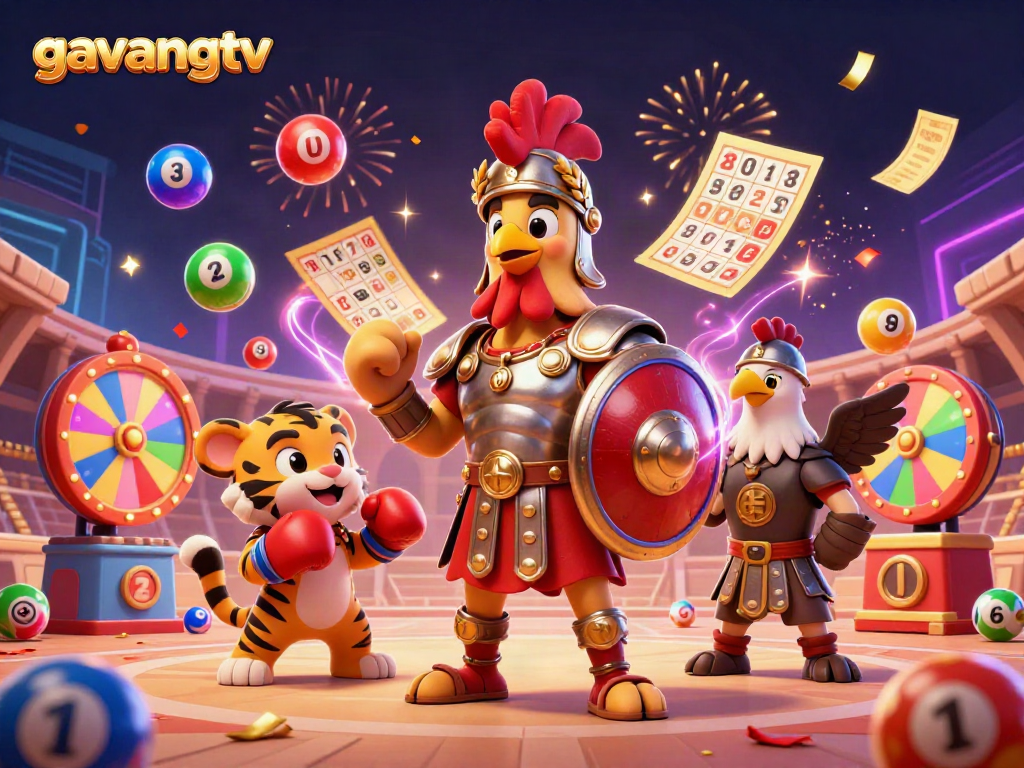 Experience the excitement of gavangtv with a spirited rooster and friends amidst dynamic lottery elements.