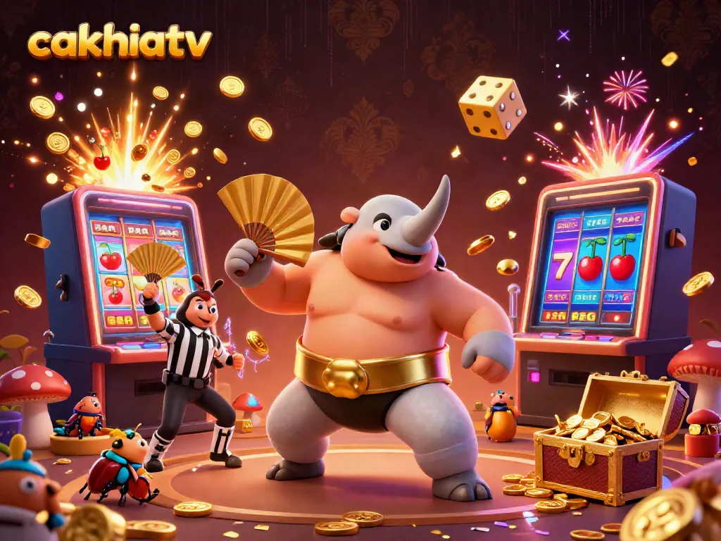 Cakhiatv showcases a dynamic scene of a rhinoceros beetle champion pounding coins while a referee oversees a lively casino illustration.