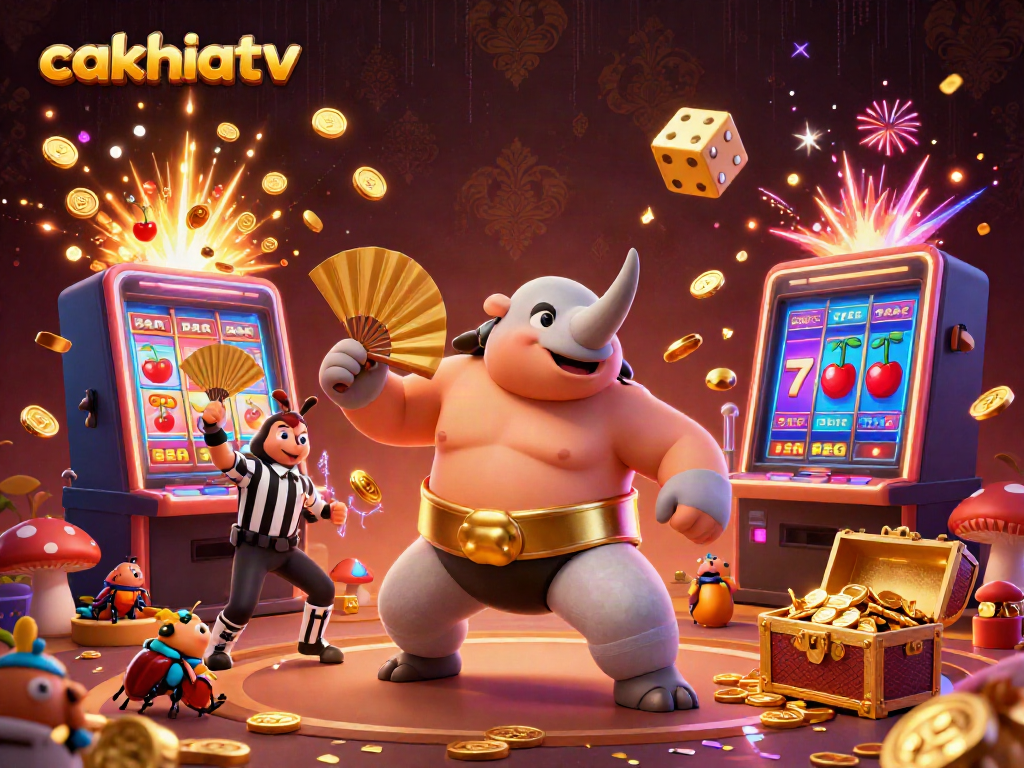 Cakhiatv showcases a dynamic scene of a rhinoceros beetle champion pounding coins while a referee oversees a lively casino illustration.