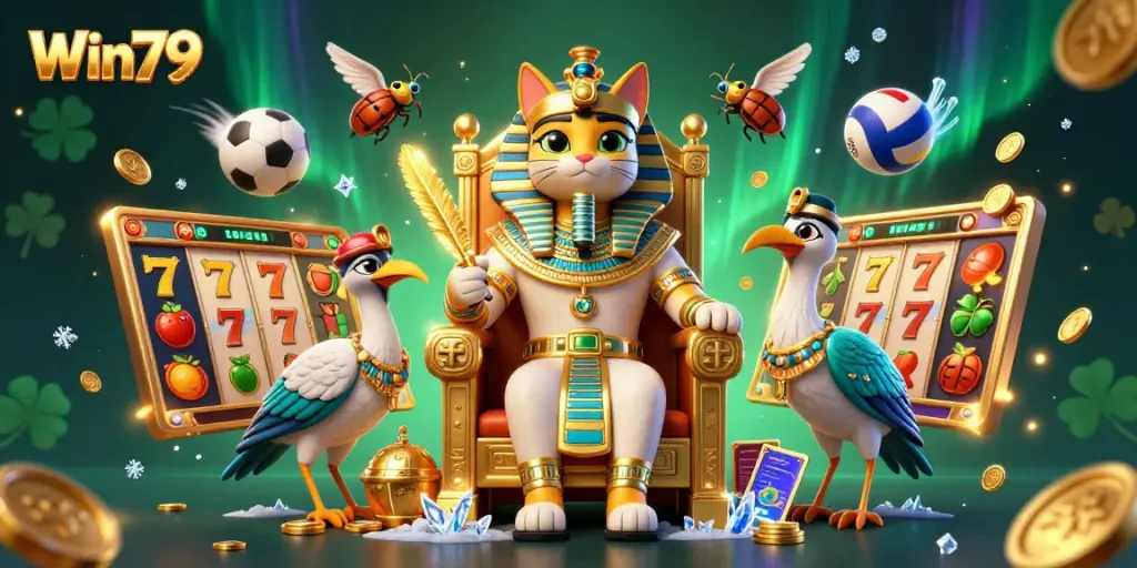 Win79 pharaoh cat and ibis scribe in a vibrant 3D casino themed scene, featuring dynamic gaming elements.