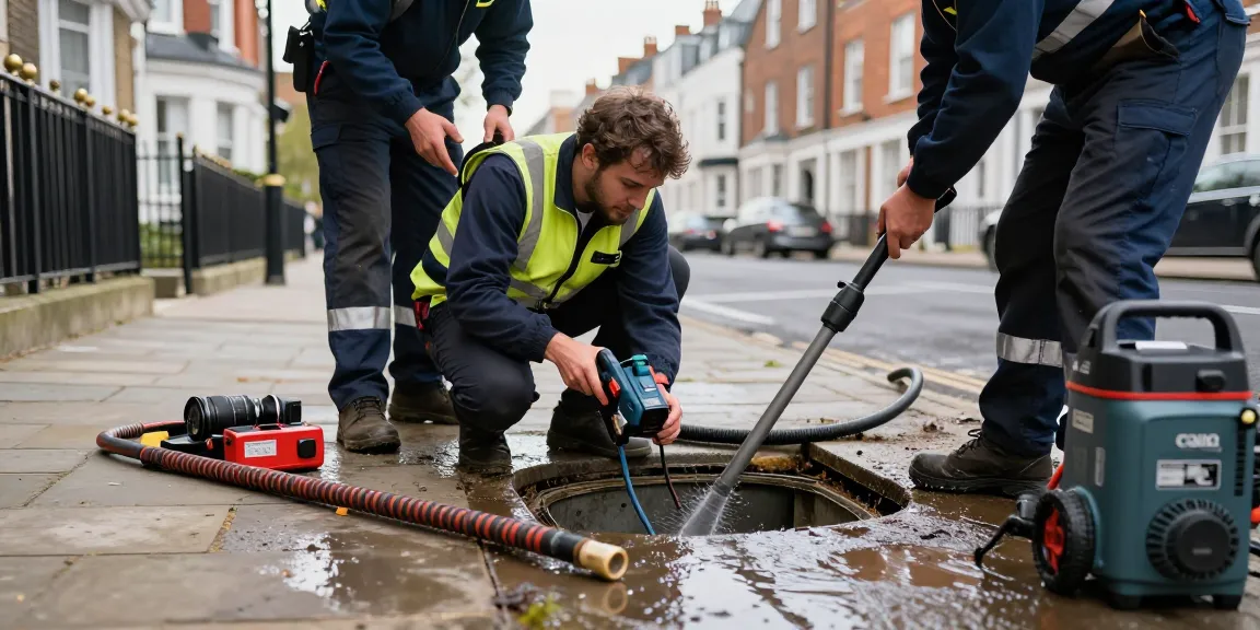 Blocked drain repairs London by professionals showcasing a technician inspecting a drain with advanced tools.