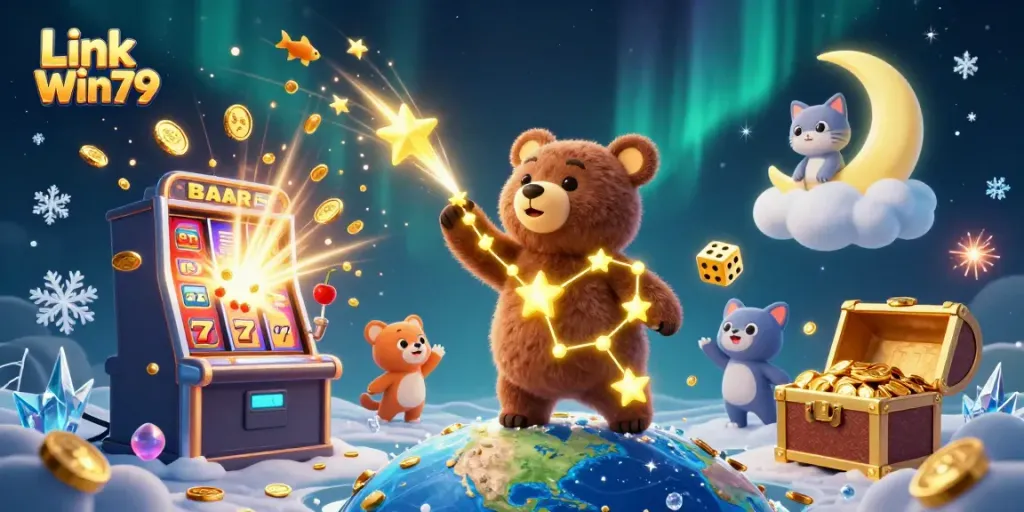 Experience the excitement of Link Win79 with a cosmic bear and treasures from a vibrant casino scene.