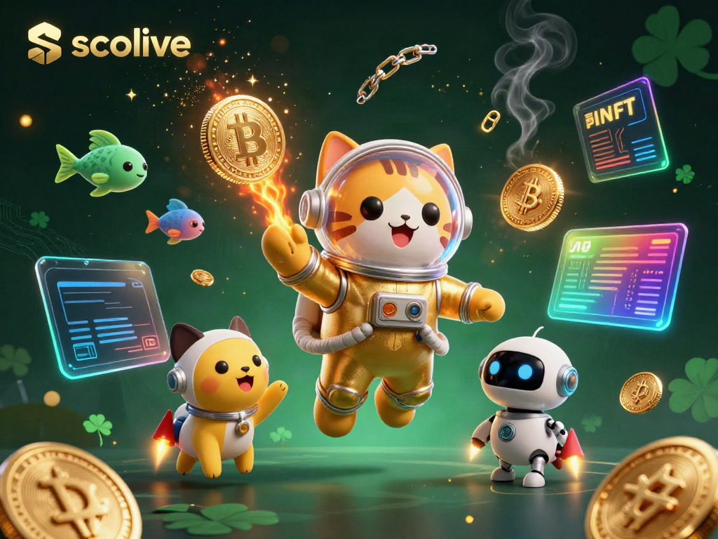 Socolive offers vibrant 3D imagery of an astronaut cat and robot dog amidst glowing crypto elements.