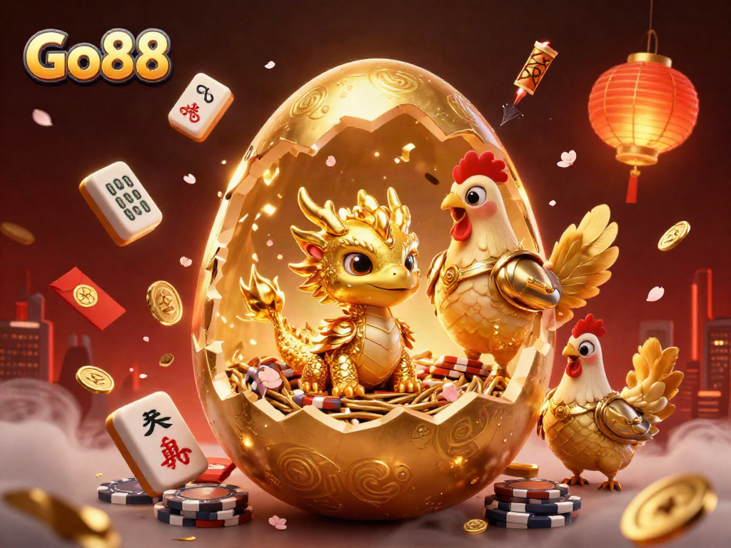 Experience thrilling gameplay at Go88 with a golden dragon and poker chips amidst splendid decorations.