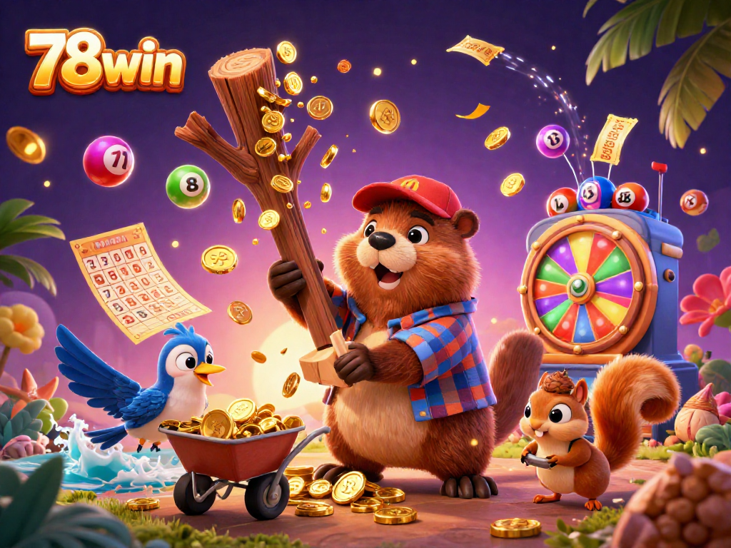 Engage in thrilling gaming with 78win, featuring a beaver and friends collecting golden coins amidst vibrant casino elements.