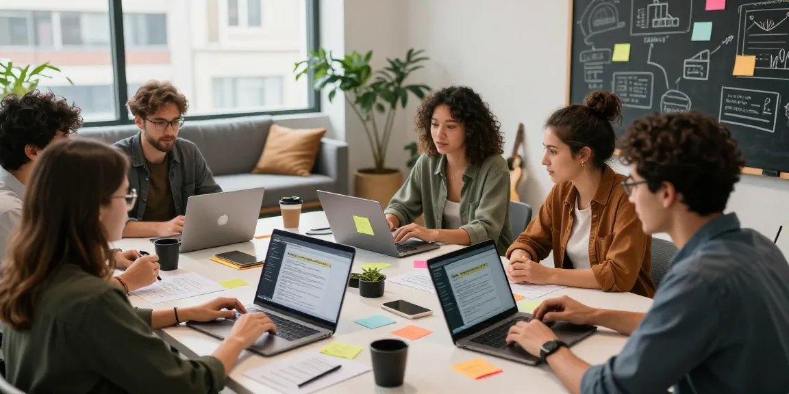 Collaborative workspace illustrating NSFW content guidelines with diverse team brainstorming.