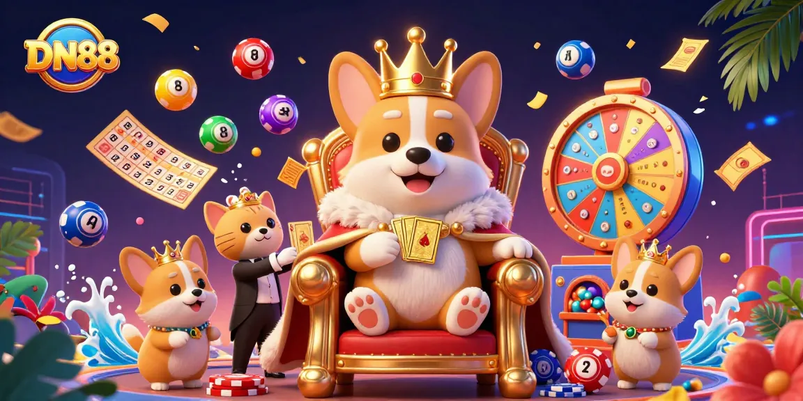 Engage with the exciting DN88 casino world depicting a royal corgi on a poker chip throne.