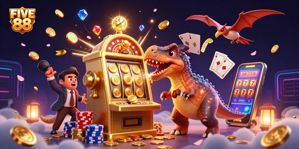 FIVE 88 showcases a cartoon dinosaur winning jackpots at a vibrant casino scene.