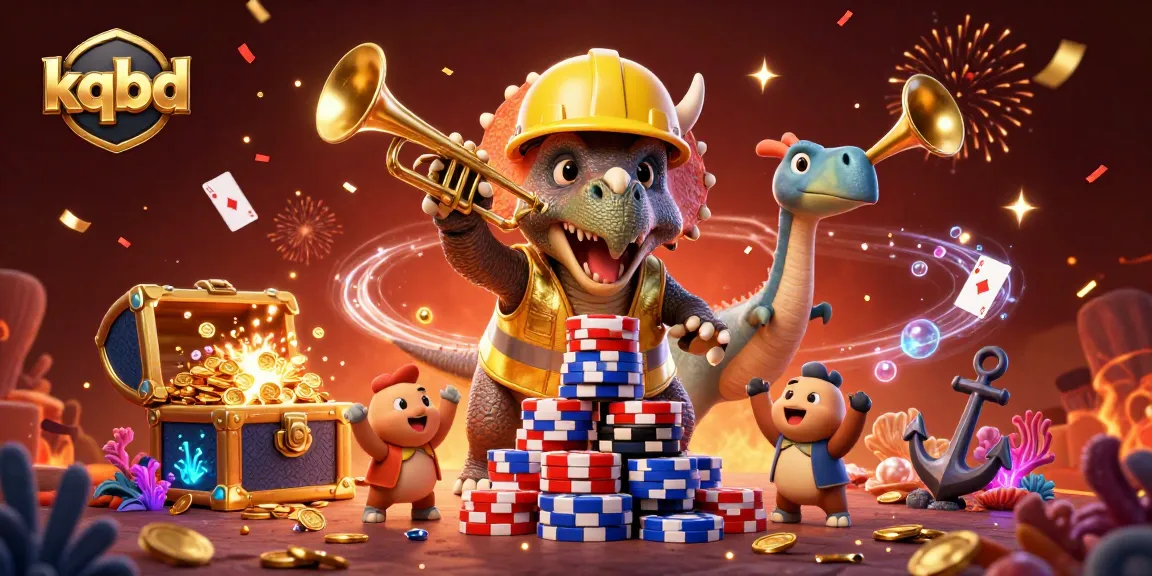 Celebrate kqbd with a vibrant scene showcasing a triceratops and friends building poker chips amid festive casino elements.